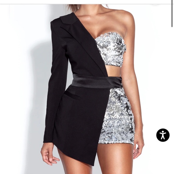 Like new, worn once. One sleeve tuxedo romper with silver sequin embellishment. - Picture 2 of 2